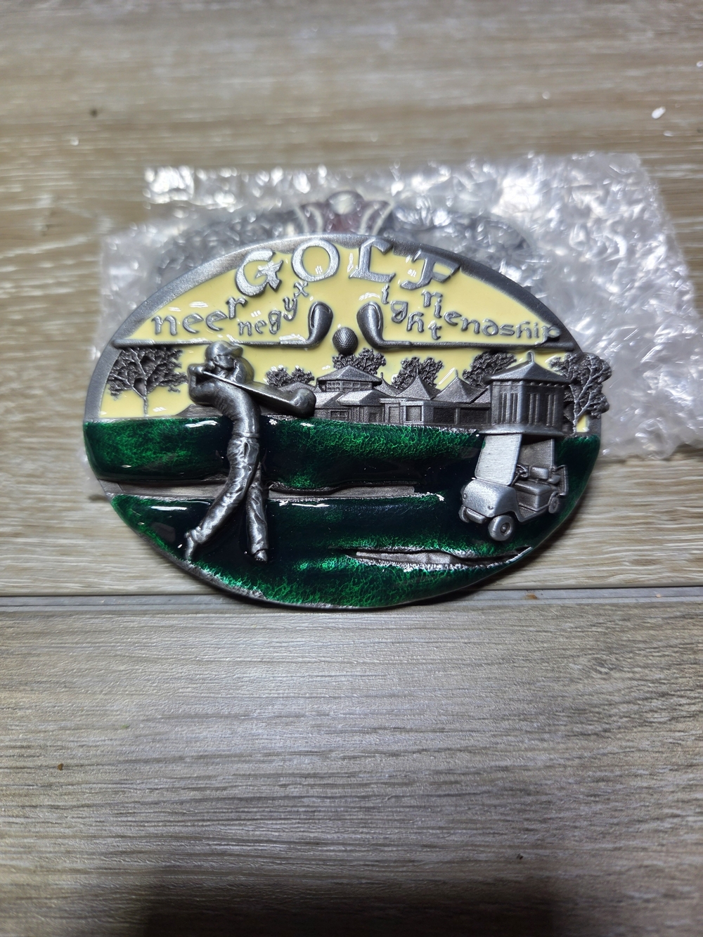 Golf Green & Yellow 3D Oval Belt Buckle Golfer Golf Cart